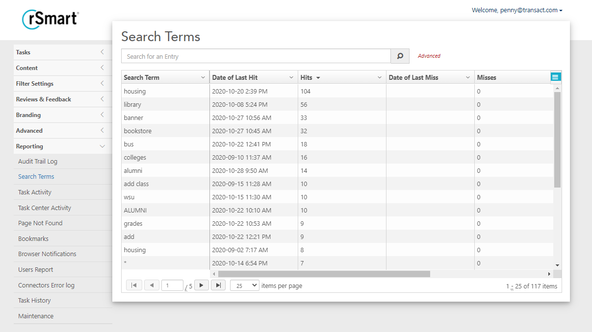 Analytics for Continuous Improvement.Expand Search Terms.Image of Search Terms in OneCampus 