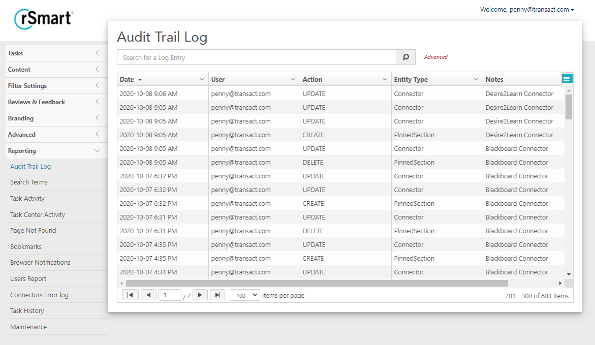 Analytics for Continuous Improvement.Monitor User Habits.Image of Audit Trail in OneCampus